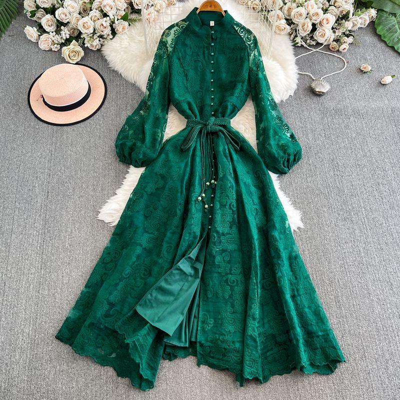 French style Elegant Water Soluble Flower Hollow Embroidery Dress Pettiskirt Lace Waist Hugging Temperament Fairy Holiday Style Long dress