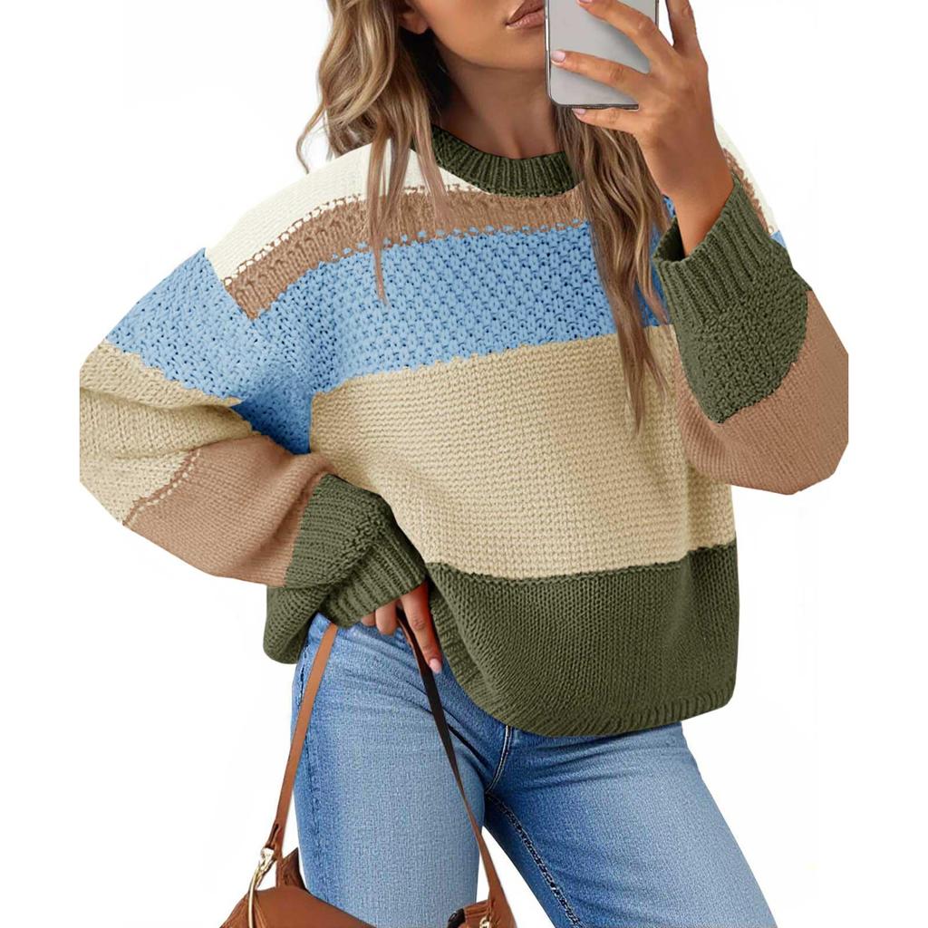 Womens Color Block Cropped Sweaters  Trendy Casual Oversized Going Out Striped Pullover Tops