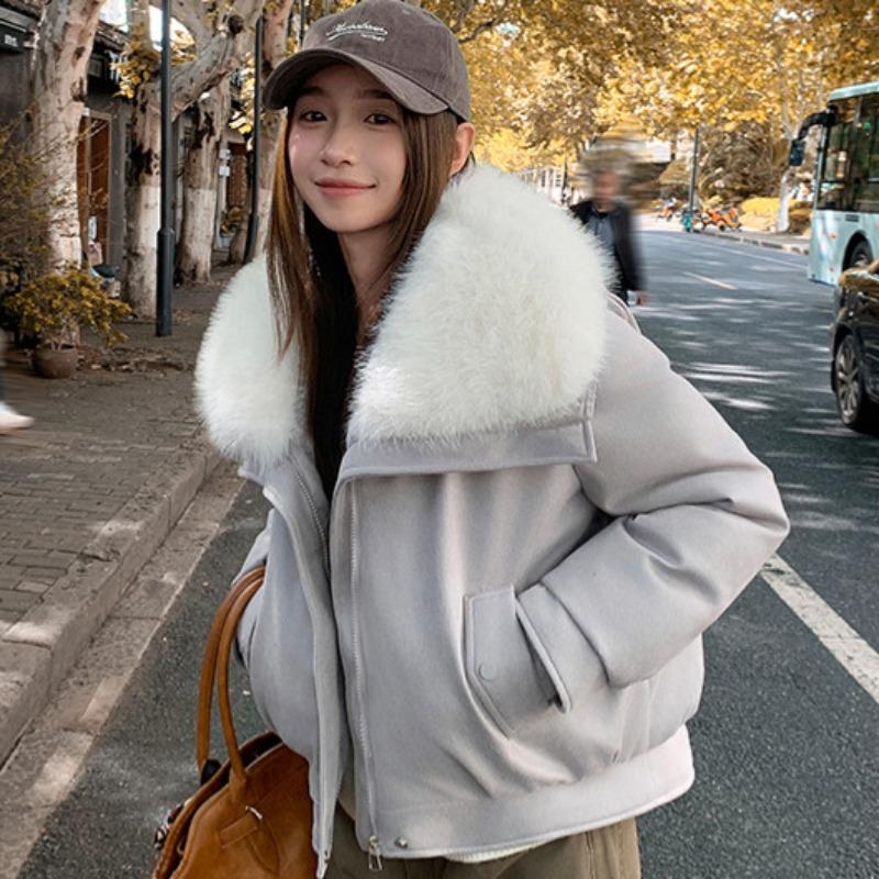 New cotton-padded women's short fluffy lapel cotton-padded women's clothing winter new simple cotton-padded jacket trendy coat