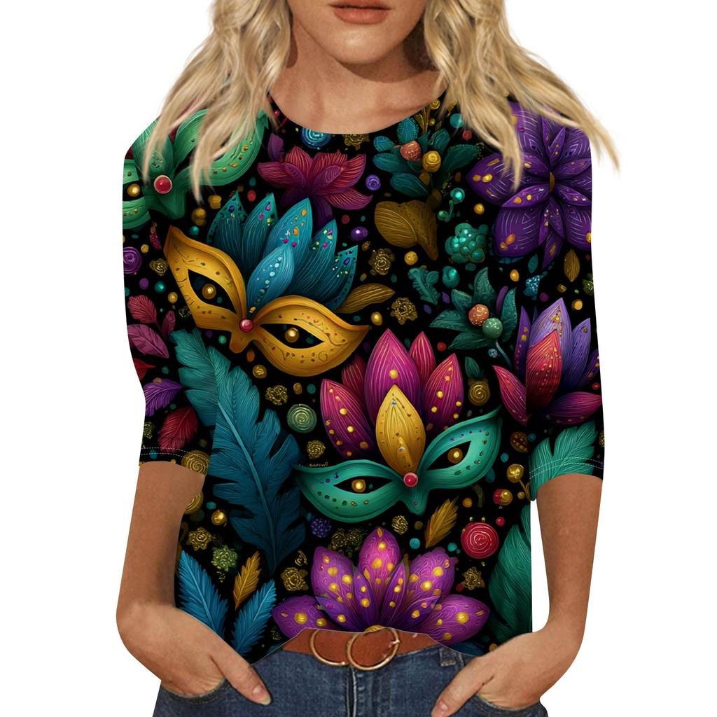 Top de Cuello con Estampado de Carnaval de Manga Tres Cuartos Casual y a la Moda para Mujer