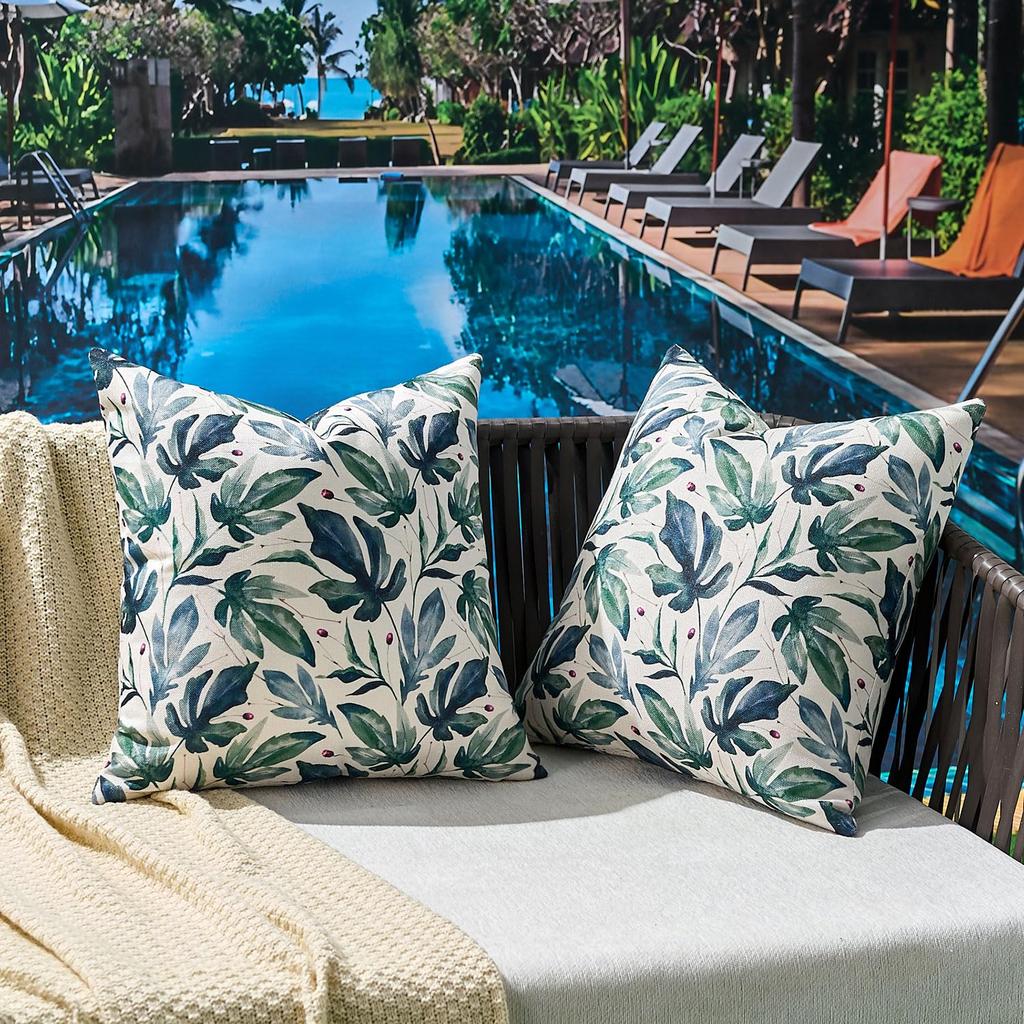 2 Pack White Green Tropical Leaf Pillow Covers Double Sided Print Watercolor Outdoor Cushion Cases Home Decor
