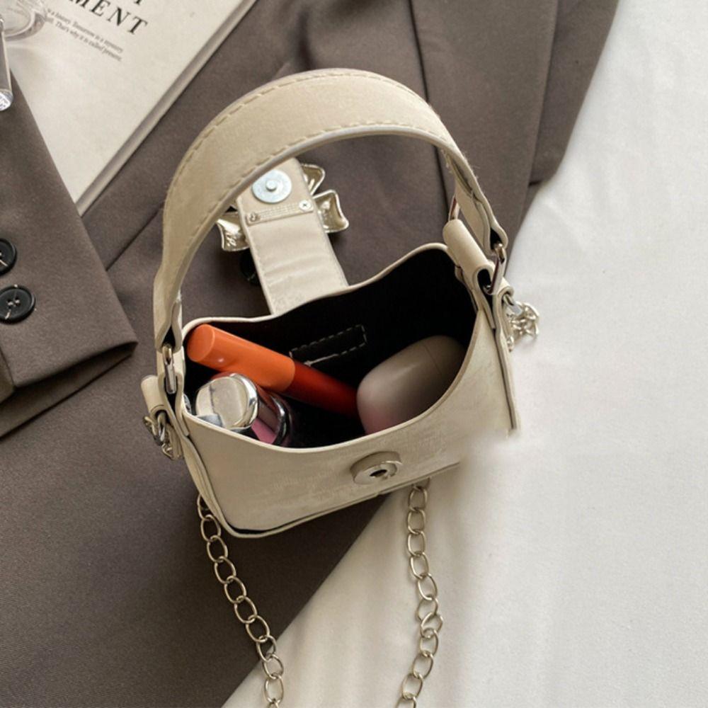 Mini Bow Buckle PU Bag Pu Leather Women's Shoulder Bag Trendy Silver Bucket Bag  Makeup Bag