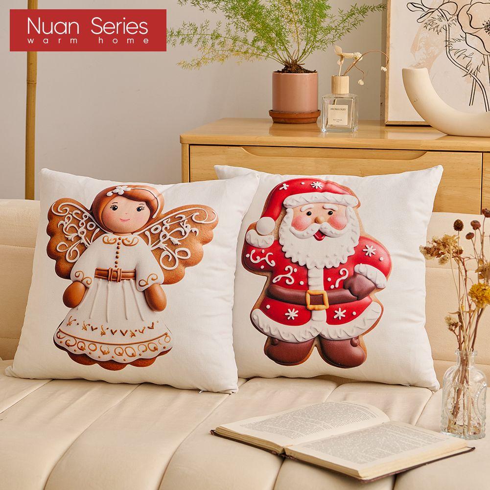1PC Nuan Series Christmas Pillowcase Gingerbread Santa Claus Pattern Printed Soft Cushion Cover for Sofa Living Room Bedroom Home Decor Party Decor