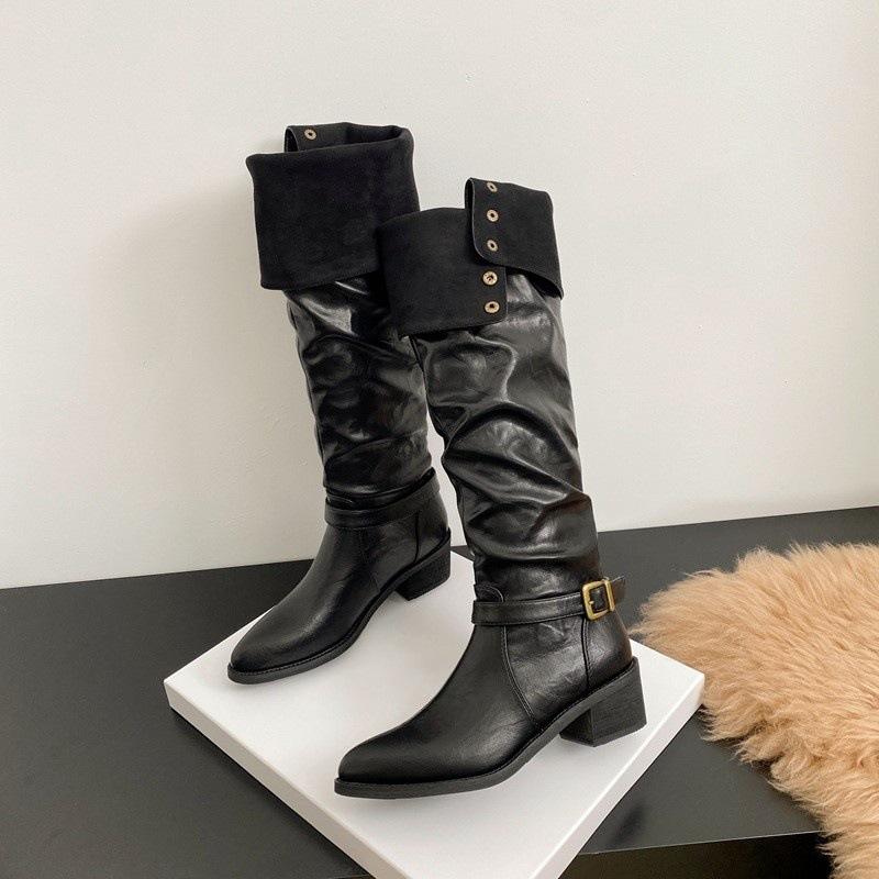 Pointed belt buckle knight boots European and American two wear long boots western cowboy boots pile boots women 42 чёрный 3980₽
