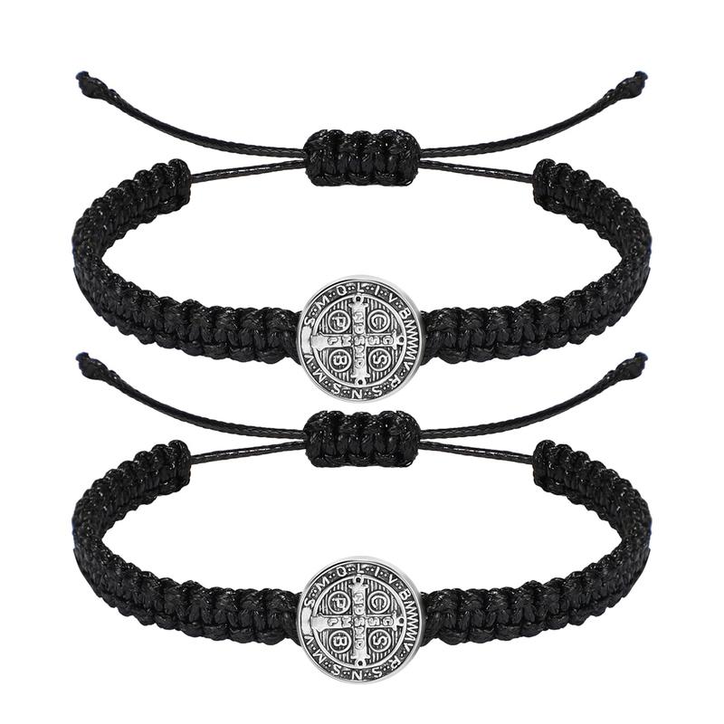 2 Pcs Catholic Saint Benedict Medal Bracelets Adjustable Black and Red String Bracelets Religious Jewelry Gifts for Men Women