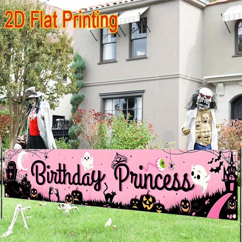 Halloween Birthday Princess Banner, Jack-O'-Lanterns Bats & Haunted House Design, Polyester Outdoor Indoor Garden Porch Fence Decoration