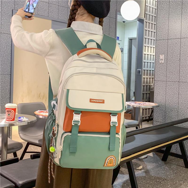 Student Skolväska Ryggsäck Stor Kapacitet Dam Färgblock Ryggsäck