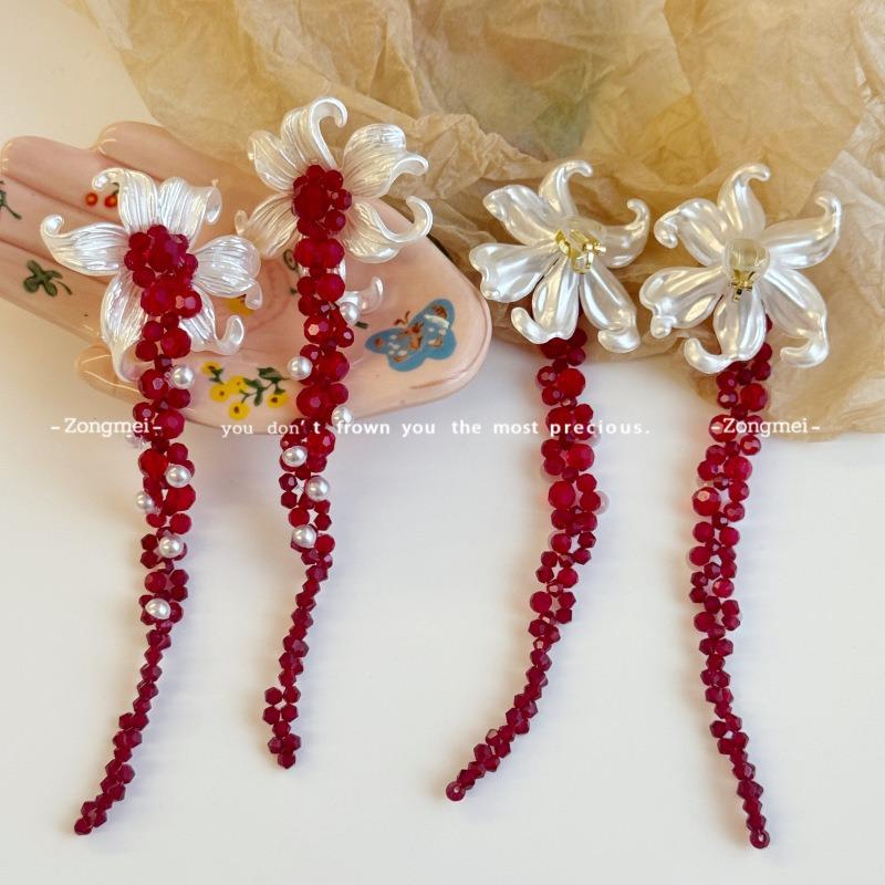 Retro Red Iris Beaded Stud Earrings for Women's Unique Exaggerated Temperament Earrings, Long Tassel Without Ear Clips