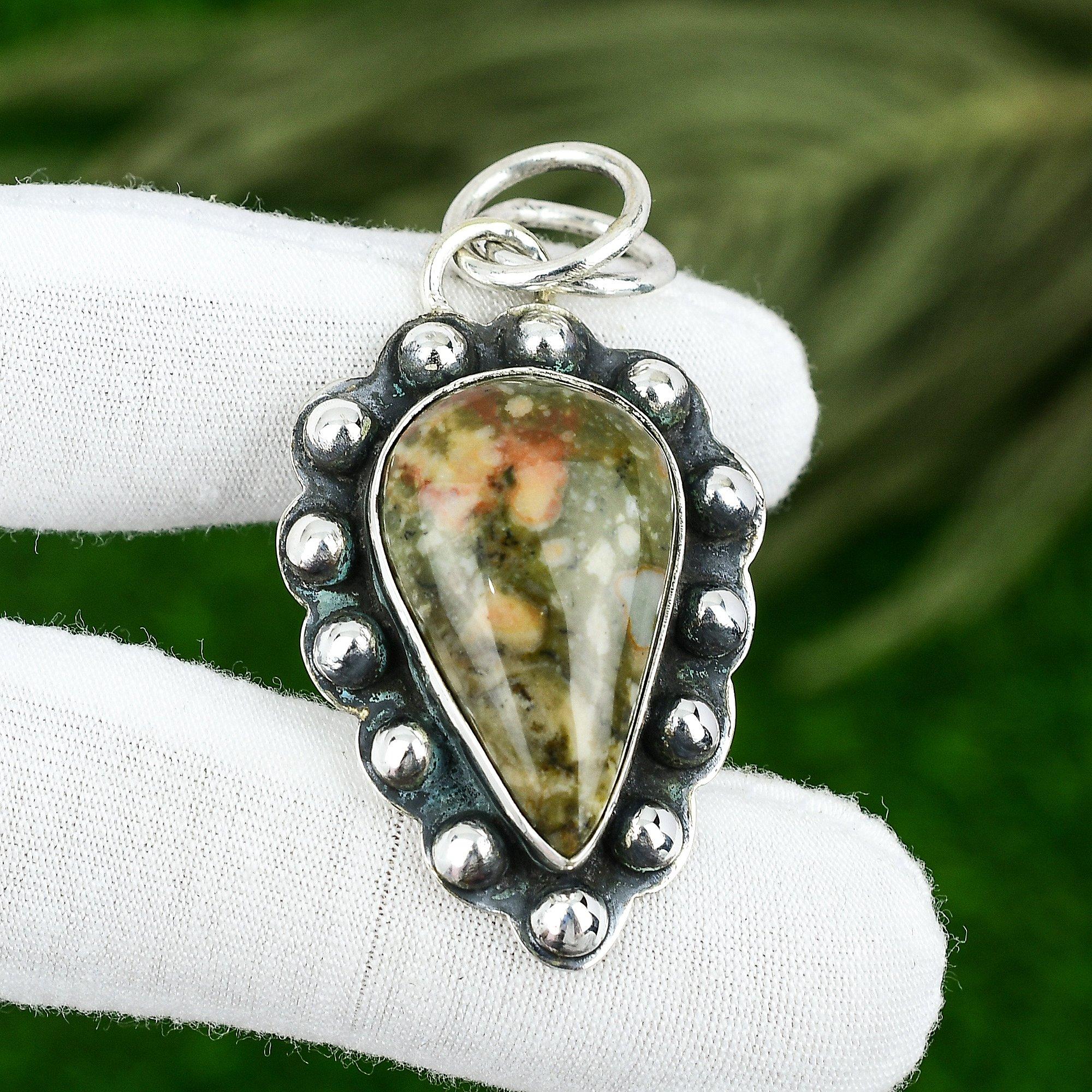 Rainforest Jasper Gemstone Engagement Wife Bezel New Pendant 925 Sterling Silver