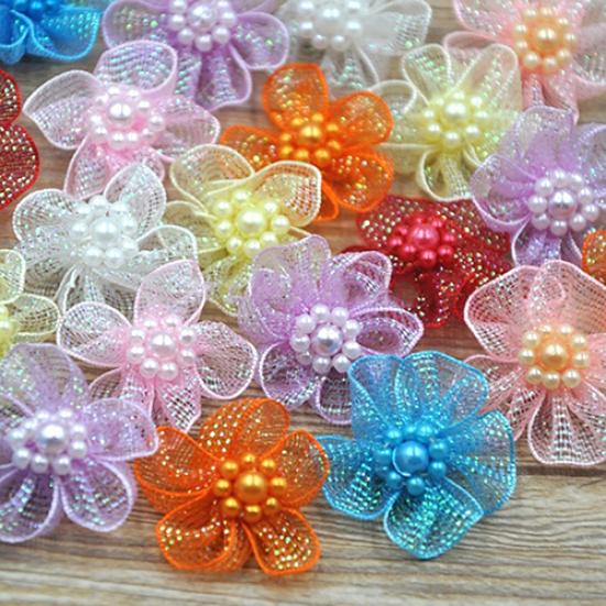 10Pcs Mixed Color Mini Organza Ribbon Bead Flower Wedding DIY Craft Appliques