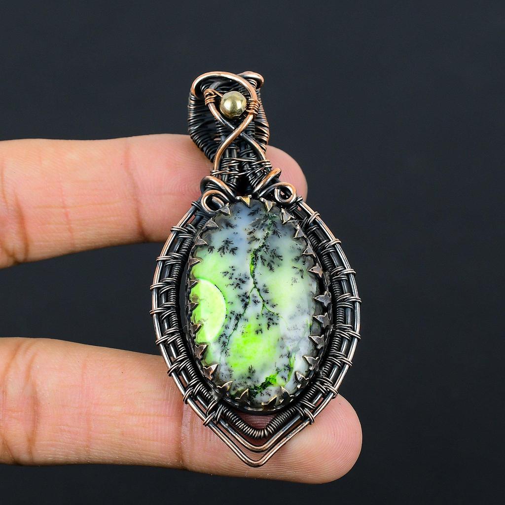 Green Dendrite Opal Gemstone Jewelry Pure Copper Wire Wrapped Handmade Pendant For Gift