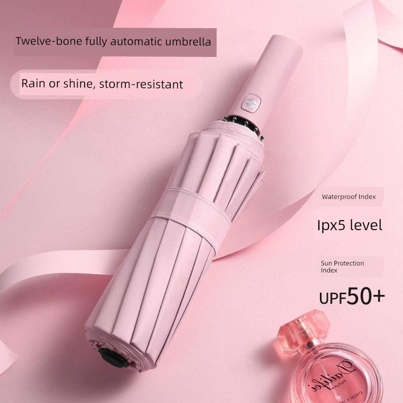 12-Rib Black Rubber Fully Automatic Folding Umbrella for Sun and Rain, Bulk Quantity, 70% off Sunshade Umbrellas with Logo Printing, Gift and