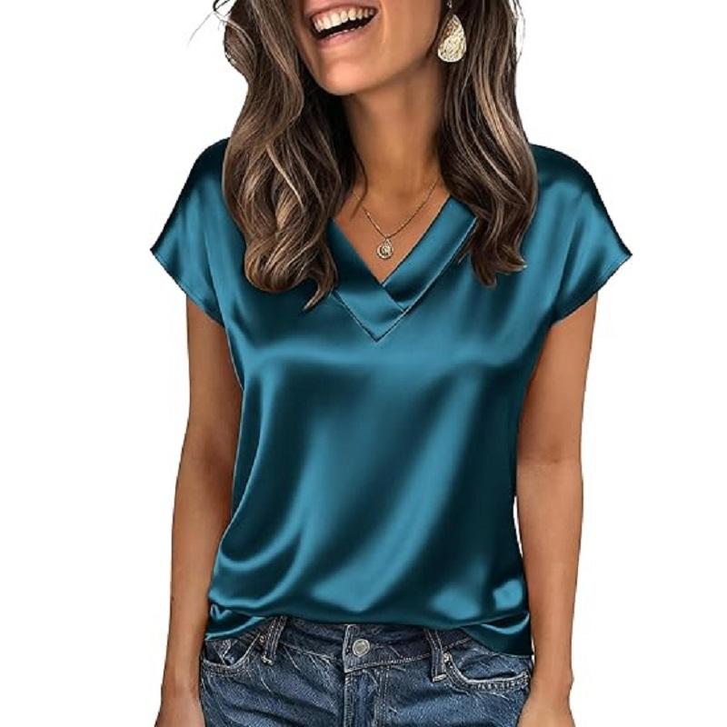 Women Summer T-shirts V-neck Short Sleeve Satin Tee Tops Ladies Casual Top Shirt