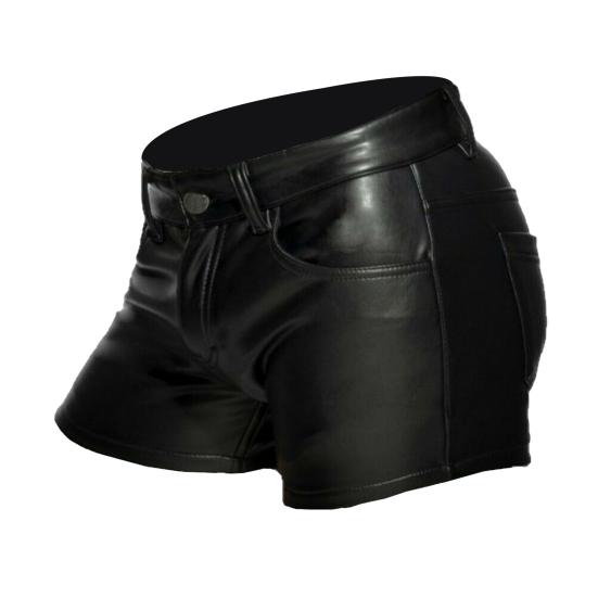 Shorts für Herren, Kunstleder, einfarbig, weicher Knopf, Reißverschluss, Taschen, glatt, schmale Passform, mittlere Taille, Übergröße, Party- und Club-Mini-Shorts