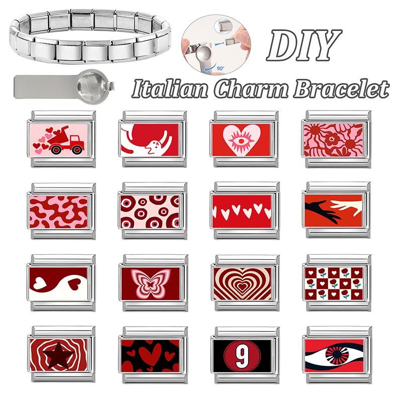 Fashion Y2K Red Printing Heart Eye Tai Chi Butterfly Car Italian Charm Links Fit 9MM Stainless Steel Bracelet Women DIY Making