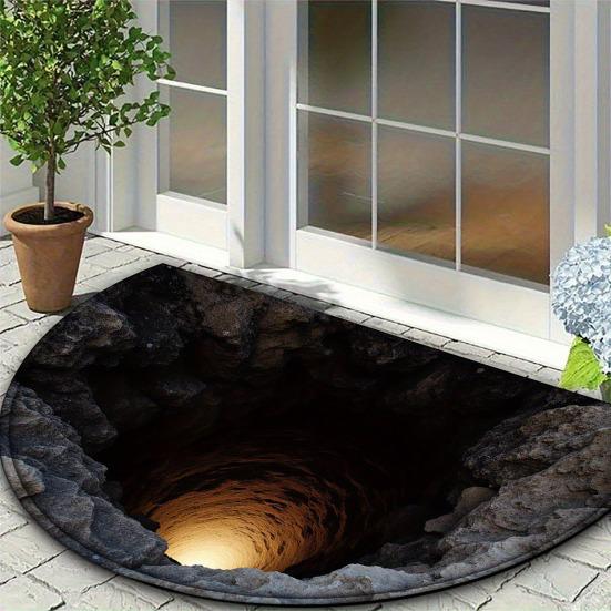 3D Optical Illusion Rug Realistic Hole Floor Mat Bottomless Pit Semi-Circular Doormat Anti-Slip Rug for Entrance Living Room Bedroom Decor
