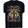 European Sizes Black T-Shirt with Lions Head Cross Design | Featuring Armored Knights, Inspirational Religious Quotes, Strength, Crew Neck