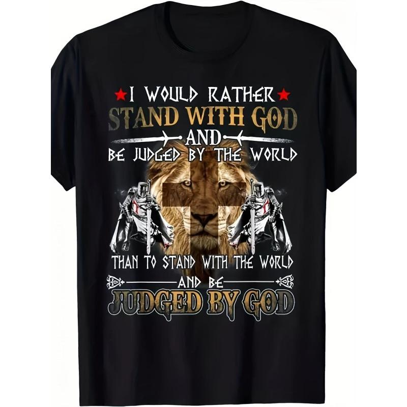 

European sizes Black T-Shirt with Lions Head Cross Design | Featuring Armored Knights, Inspirational Religious Quotes, Strength, Crew Neck 4XL