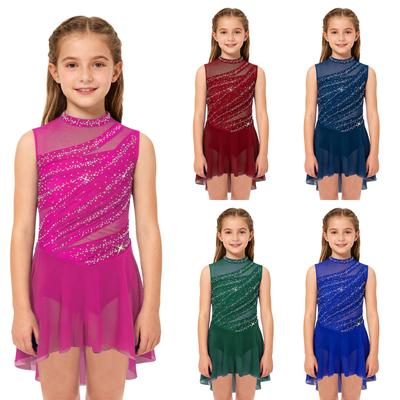 Girls Performance Dress Sleeveless Cutout Back, Sheer Mesh Patchwork High-Low Hem with Shiny Rhinestones for Lyrical Dance