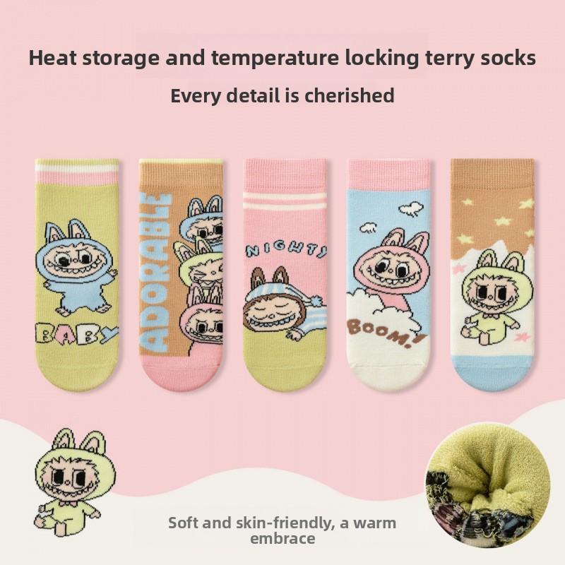 

5 PAIRS Labubu Children s Socks Winter Thickened Terry Girls Medium Socks Trendy Cartoon Warm Winter Thick Socks XL