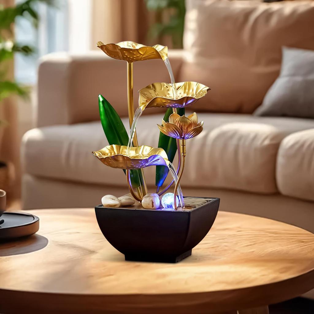 Lotus Leafs Waterfall Fountain Ornament Zen Relaxation Soothing Led Light Desk Water Fountain With Stream Sounds For Bedroom