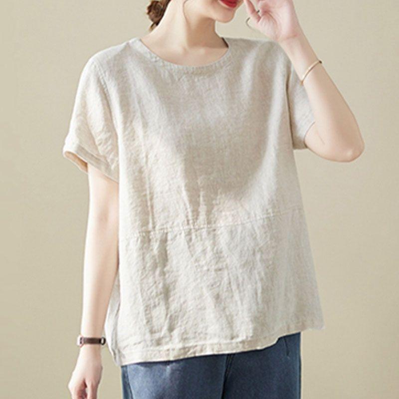 New Cotton and Linen Short Sleeved T-shirt for Women High-end Cotton and Linen Loose Fitting Belly Covering Cotton and Linen Top