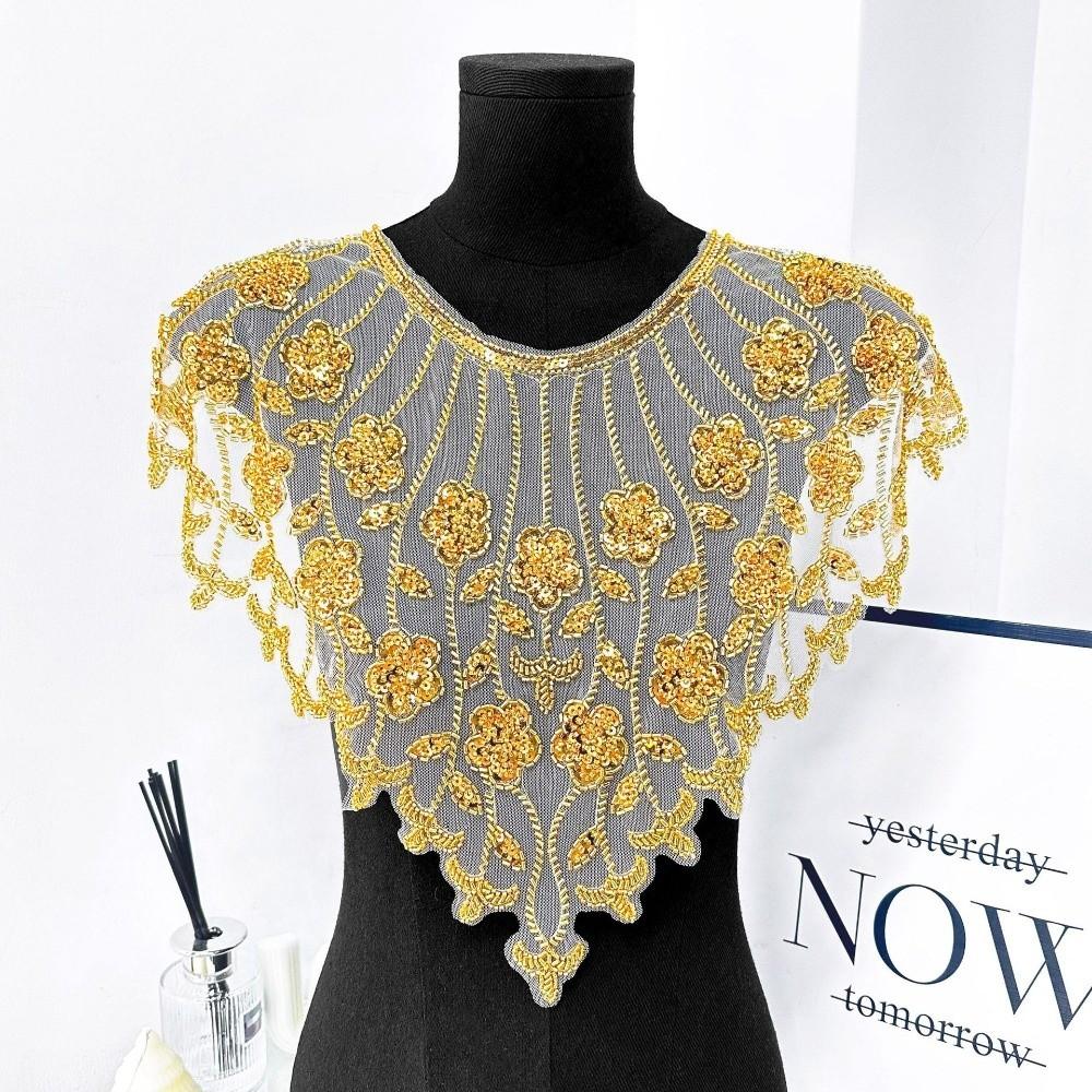 Hollow Design Embroidery Lace Gold Sequined Bead Embroidery Clothing Accessories DIY Application Mesh Texture Collar Decoration
