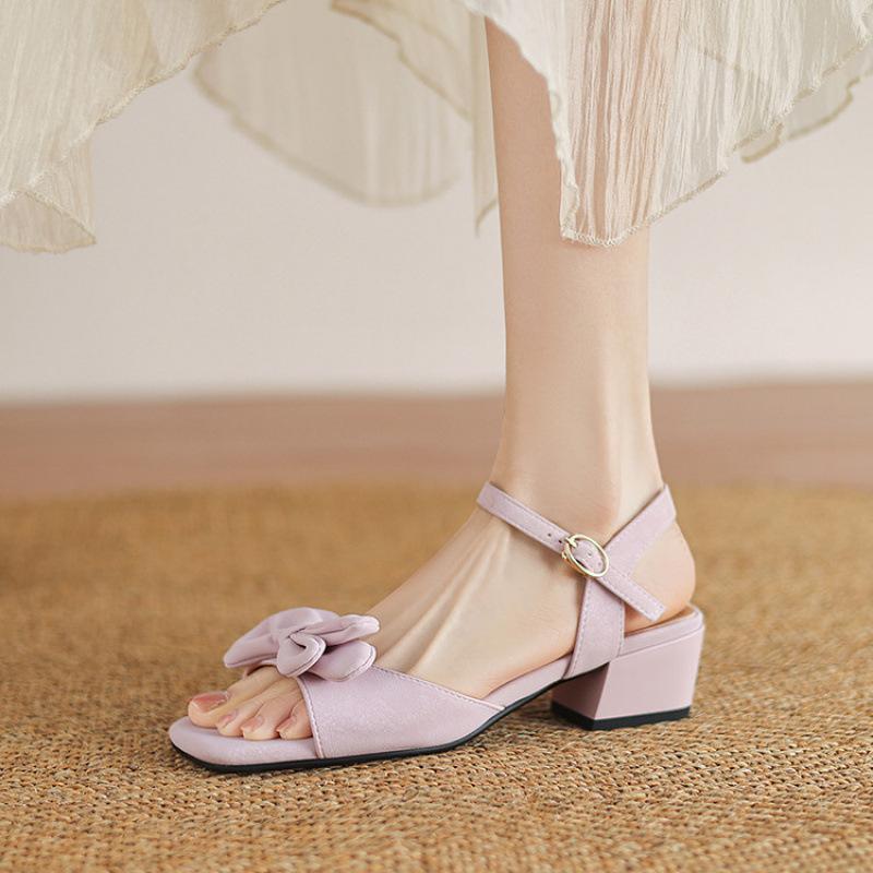 Summer comfortable word with sandals women's casual solid color medium heel sandals women's buckle round head square heel size women's shoes