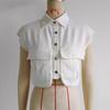 Women's Turn Down Collar Sleeveless Denim Vest Loose Fit Casual Cropped Jacket With Pockets