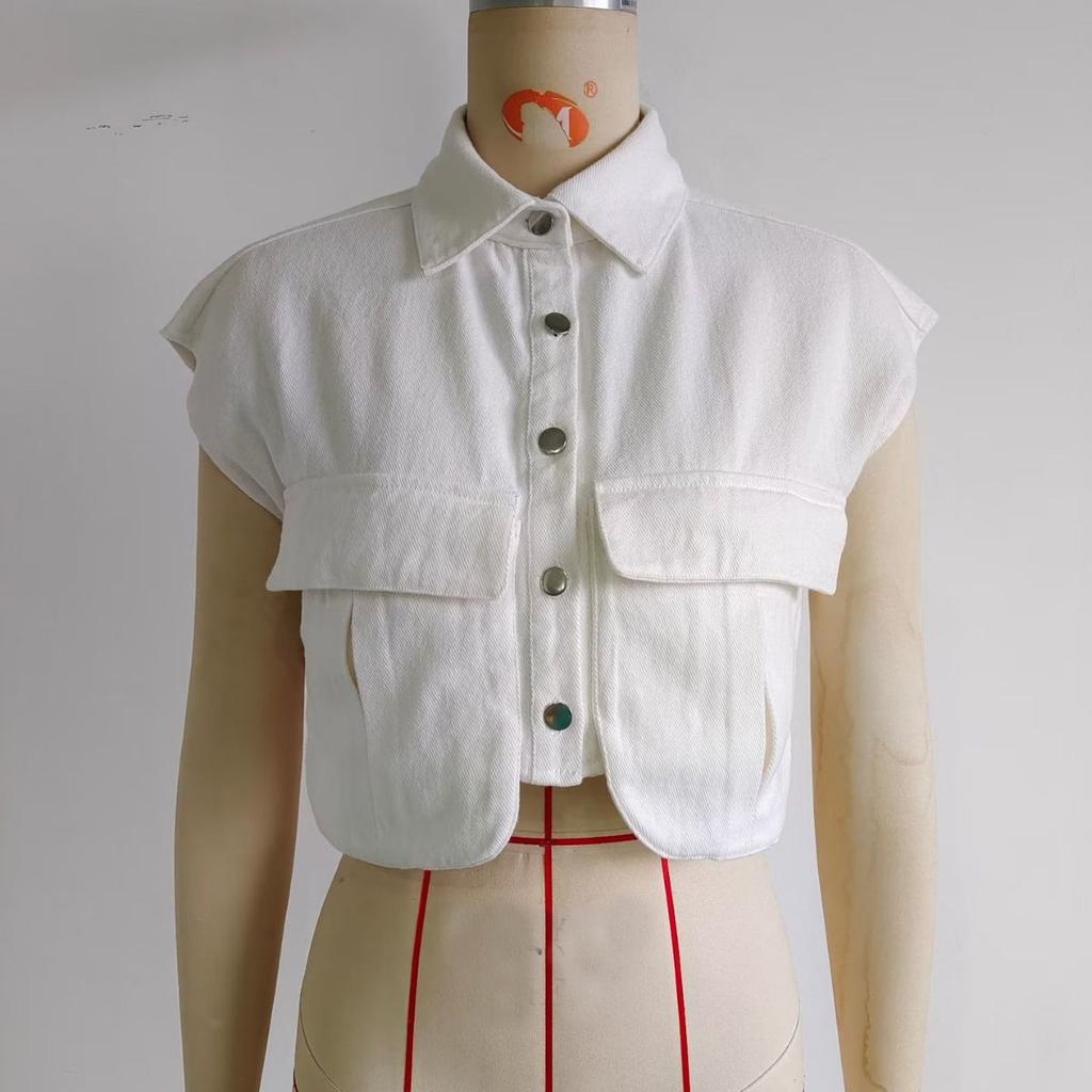 Women's Turn Down Collar Sleeveless Denim Vest Loose Fit Casual Cropped Jacket With Pockets