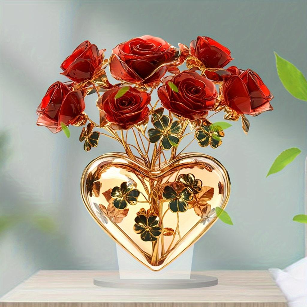 Valentine's Day Red Rose Heart-Shaped Wedding Decoration - 2D Fat Acrylic Tabletop Centerpiece with Golden Leaves & Stems, Battery-Free Home Decor