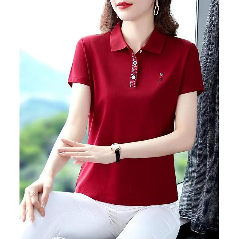 

Women s Clothing New Summer Korean Fashion Embroidery Loose Tees Short Sleeve Polo Collar T-shirts Female Casual Solid Tops L червоний