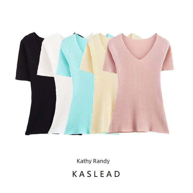 Kaslead New Women clothes Western Style Fashion Simple Solid Color Vertical Stripe Knitted Short sleeve Top