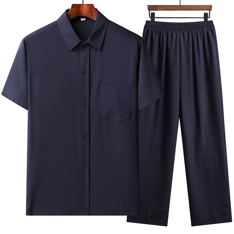 Men's Cotton Linen Short Sleeve Shirt & Suit Set - Casual Summer Wear for Middle-Aged and Elderly