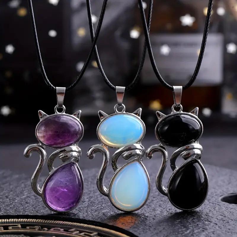 Natürlicher Kristall Katzen Anhänger Halskette Mit Amethyst Und Rosenquarz Für Einzigartigen Schmuck Geschenk