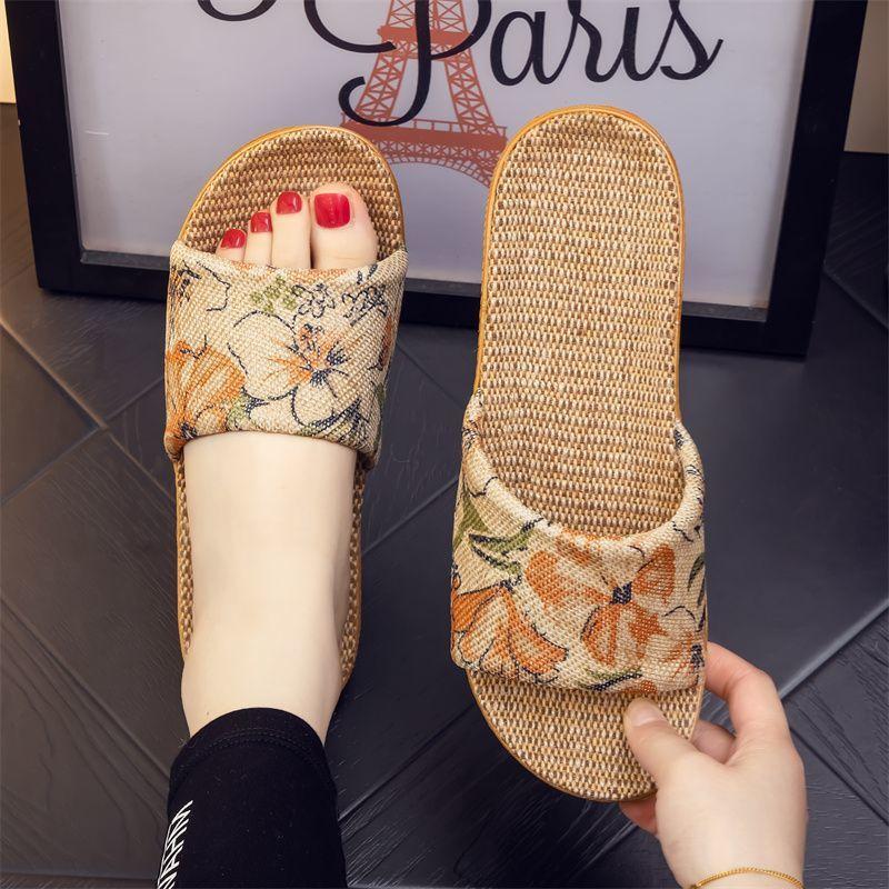 Four Seasons National Style Flax Cool Slippers Couples Breathable Home Use Flat Soft Sole Men's and Women's Confinement Baotou  Confinement Shoes