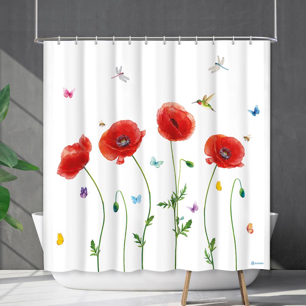 Duschvorhang Wasserdicht Und Schimmelresistent 3D Digitaldruck Pflanze Blume Und Gras Duschvorhang Badezimmer Trennvorhang