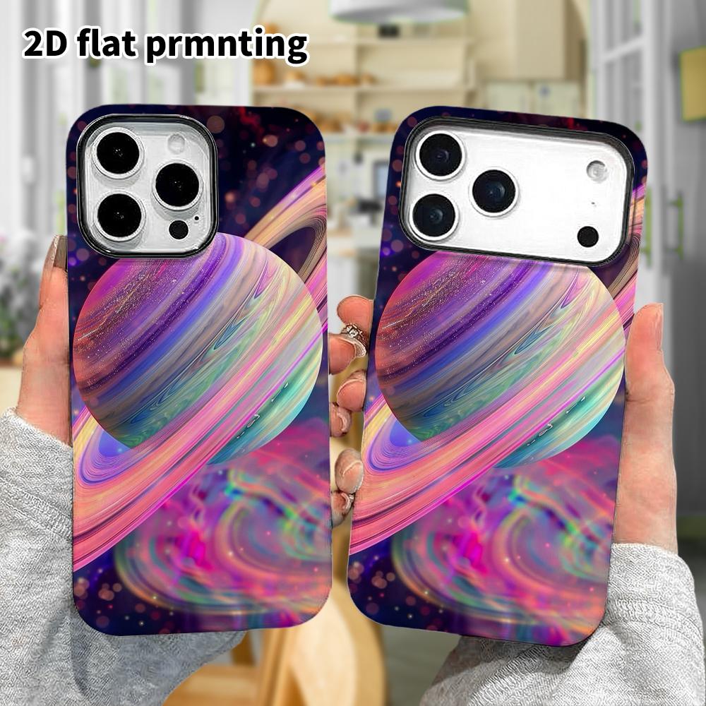 Phone Case: 2D Flat Design Suitable for iPhone 18 17 16 15 14 13 Pro Film Protective Case, Couple Style, Colorful Saturn, Christmas and Halloween Holi