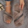 Fashion Crystal Decor Faux Fur Slippers Women Autumn Winter Cross Band Home Slides Woman Comfort Flat Solt Plush Slippers Female