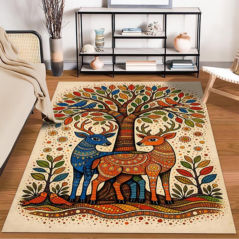 Colorful Deer and Tree Pattern Carpet with Vibrant Boho Art Design Suitable for Use As an Anti-slip for Living Room Bedroom Sofas