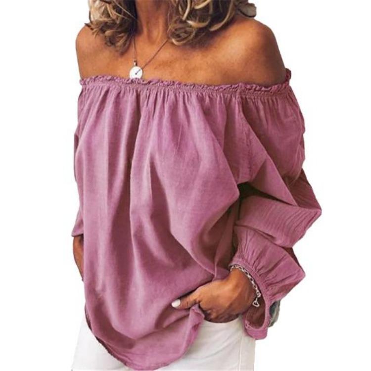 Party Top Autumn Winter Solid Color Women Blouse Pleated Off Shoulder Long Sleeve