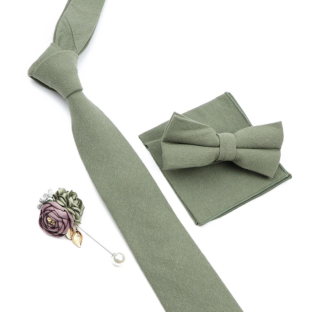 Solid Color Cotton Necktie Set For Men Tie 4pcs Hanky Cufflinks Rhinestone FLoral Brooch Tie Set