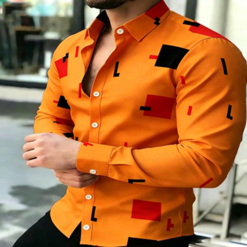 Men's short sleeved shirt, European and American men's geometric square long sleeved shirt, lapel contrasting color block printe