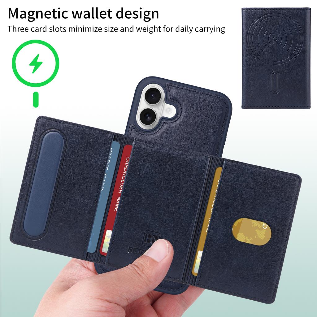 For iPhone 16 Plus Magnetic Case BETOPNICE Leather Phone Cover Kickstand with Detachable Card Bag