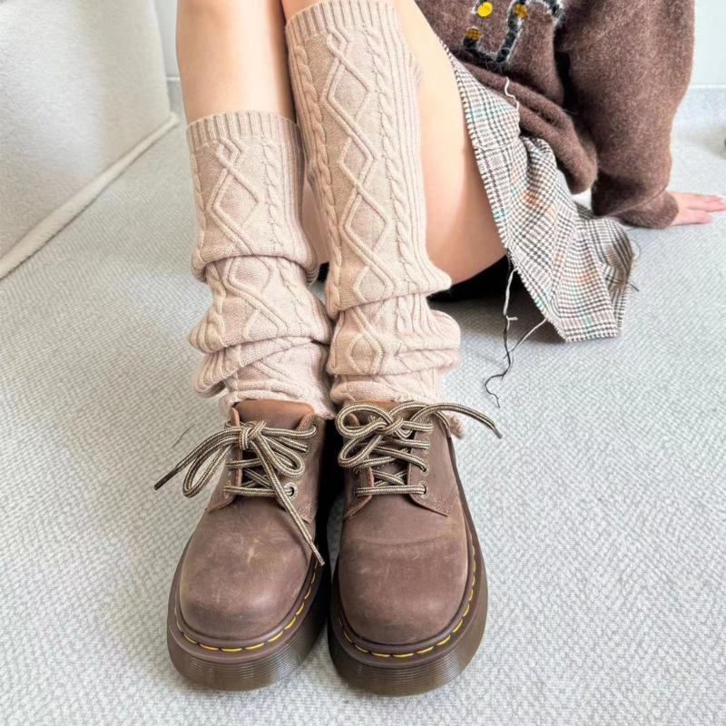 Fashion Rhombus Pattern Wool Leg Covers Cable Knitted Leg Warmers for Cold Weather Footless Long Boot Socks Hosiery