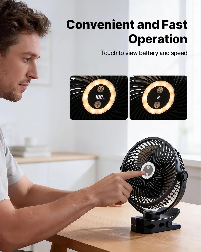 Portable Clip Fan, Rechargeable Clip On Fan with Light, USB Port with 3 Speeds & Circulation Mode, Strong Airflow Sturdy Clamp, Long Runtime for Desk,