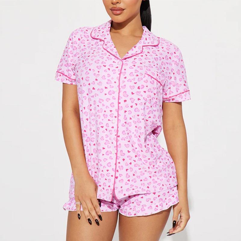 Women European Style Casual Printed Short Sleeve Shorts Pajama Two Piece Set Home Loungewear