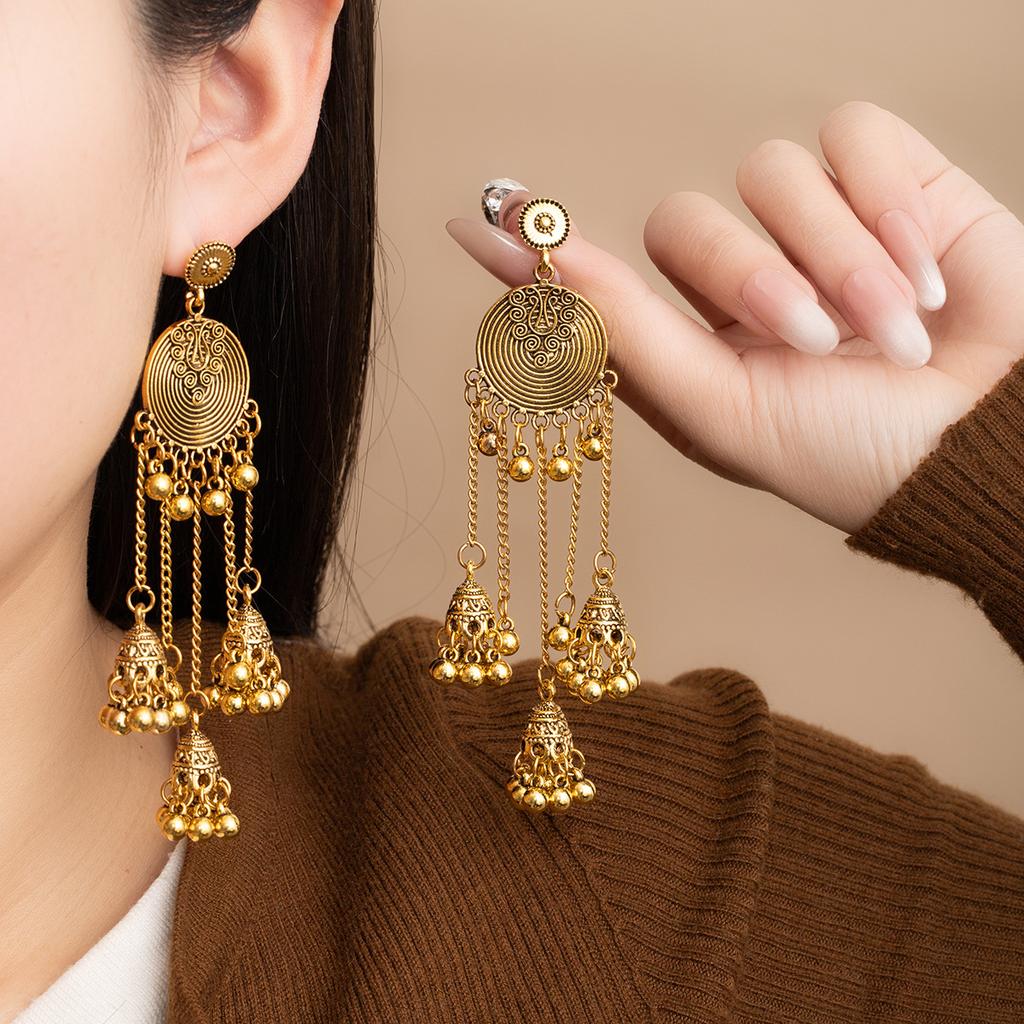 Ethnic Style Vacation Style Geometric Round Personalized Earrings, Retro Alloy Long Fringed Bell Pendant Ears
