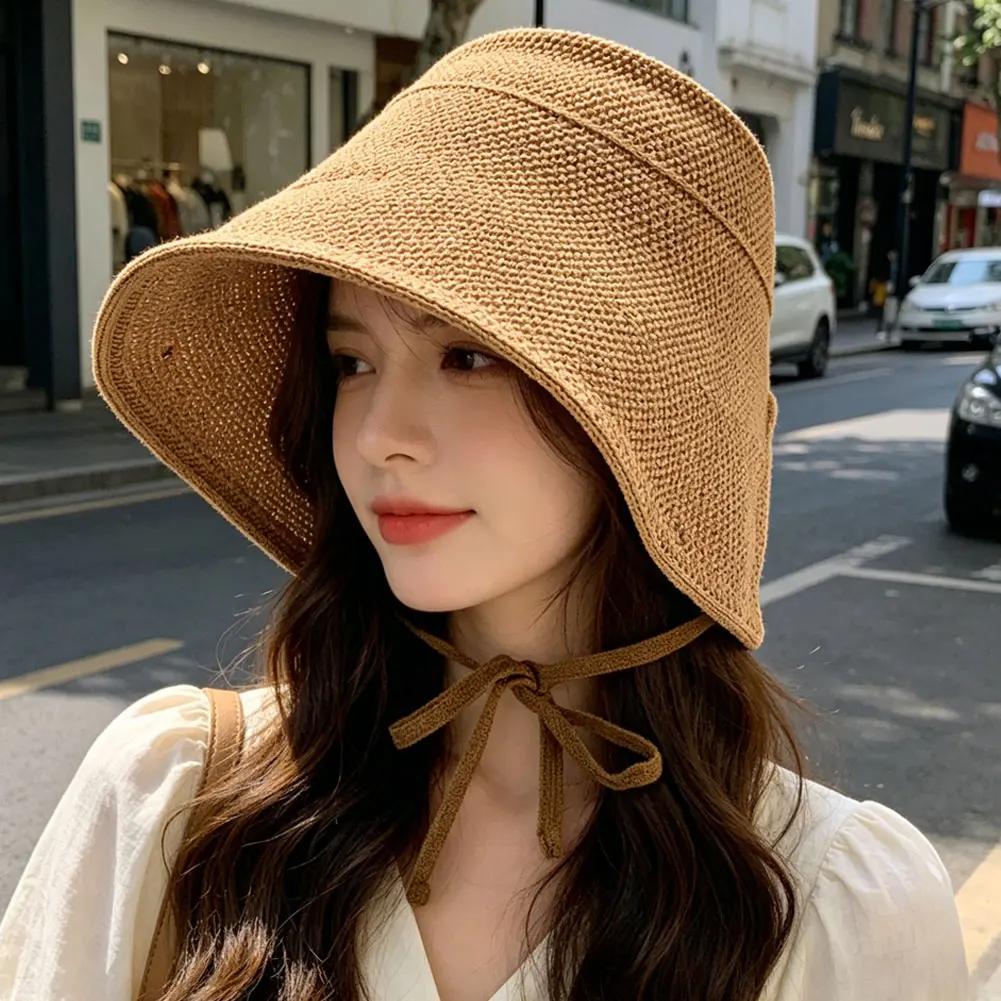 Linen Straw Regency Bonnets Hats For Women Sun Hats Bow Beach Cap Big Wide Brim Cloche Hat Chapeau Femme Lace Up Outdoor Summer