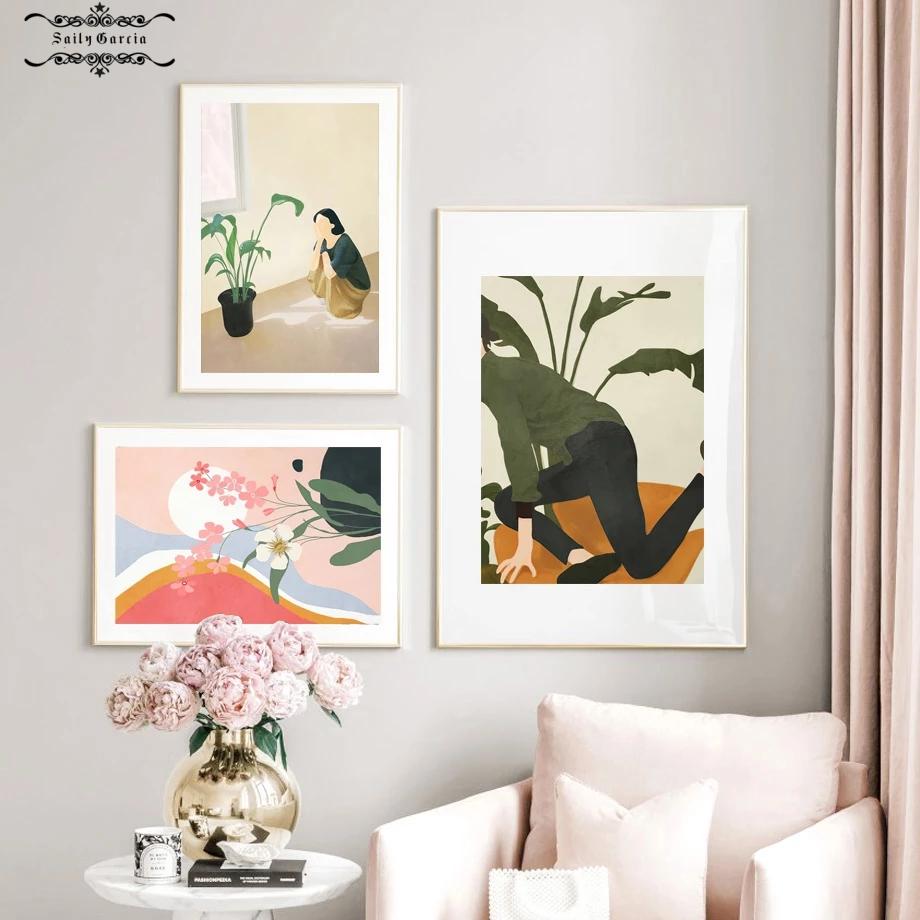 Books Illustration Tropical Monstera Girl Cheetah Boho Wall Art Canvas Painting Poster and Prints Pictures for Living Room Decor